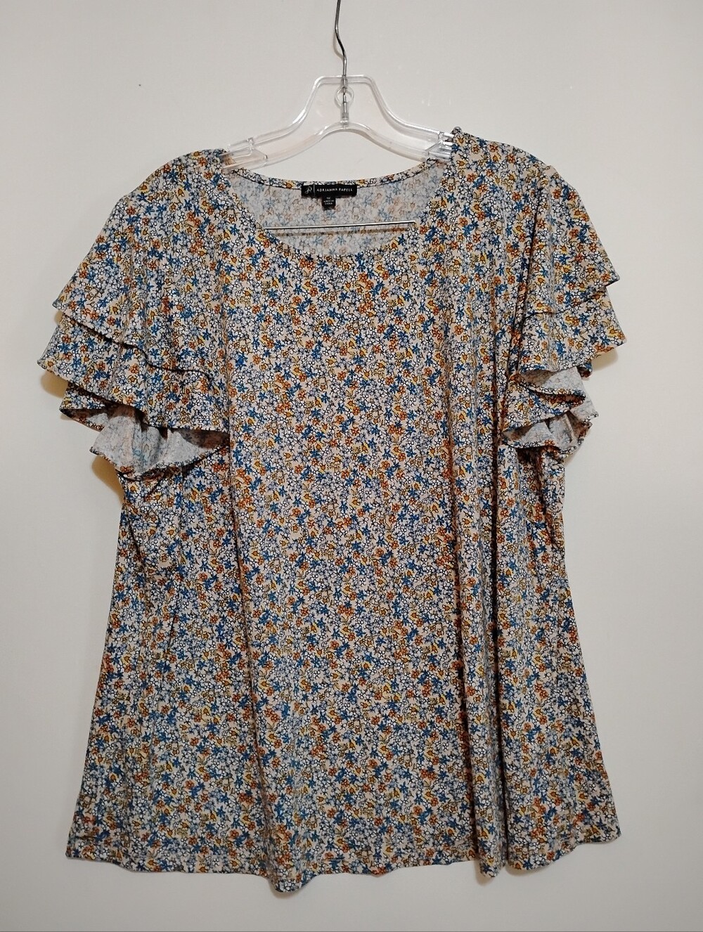 Adrianna Papell Blue & Mustard Floral Prints Short Ruffle Sleeve Blouse 1X